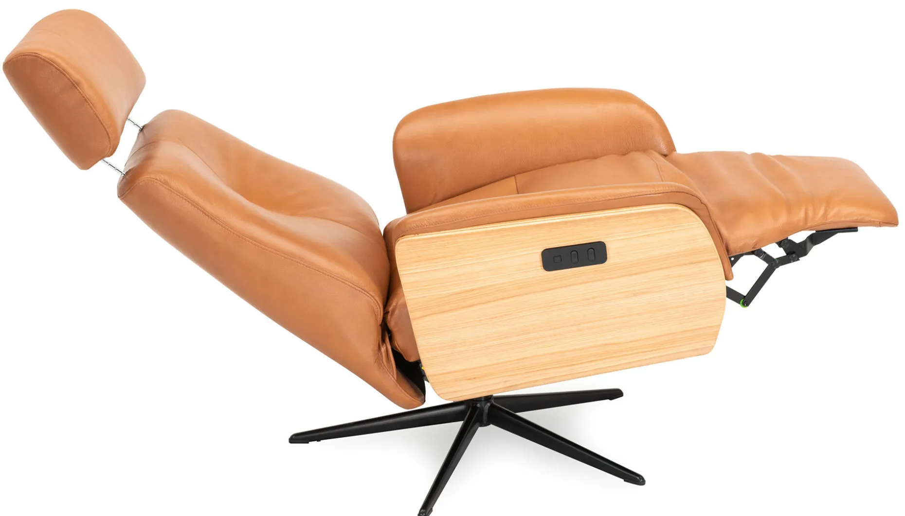 DESOTO Reclinerfåtölj el LARGE läder Semi 376 cognac, oljad ek, fot Polaris A7 svart, svart panel