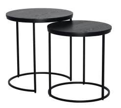 DUDOS 2-dels satsbord RUND Ø49/45 svartbetsad lackad askfanér/metallben Ø49/H52cm + Ø45/H48cm