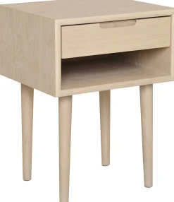 EMINENTE Sängbord, lågt, vitpigmenterad ek, lackad ekfaner, massiva ekben