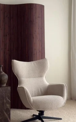 JENKINS Fåtölj+fotpall beige tyg/svart metall snurr, gung