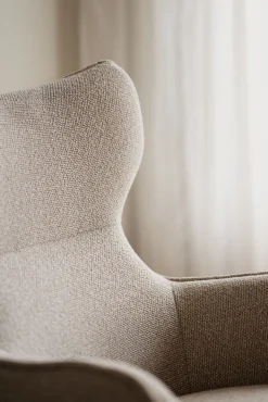 JENKINS Fåtölj+fotpall beige tyg/svart metall snurr, gung