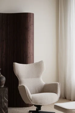 JENKINS Fåtölj+fotpall beige tyg/svart metall snurr, gung