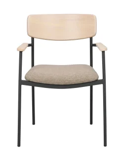 MAYMONT karmstol vitpig.ekrygg/mörkbeige tyg/svart metall stapelbar