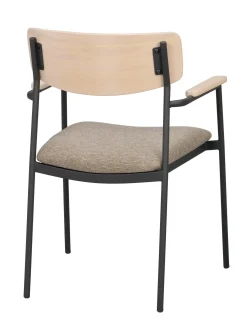MAYMONT karmstol vitpig.ekrygg/mörkbeige tyg/svart metall stapelbar