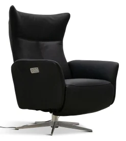 MIAMI Fåtölj med inbyggd pall el funktion, läder Soleda svart, fot Elegant D1 borstad stål