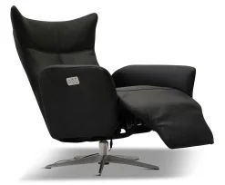 MIAMI Fåtölj med inbyggd pall el funktion, läder Soleda svart, fot Elegant D1 borstad stål