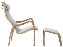 MUSSE Fåtölj fast inkl pall tyg Nordico 16 beige/oljad ek *NY*