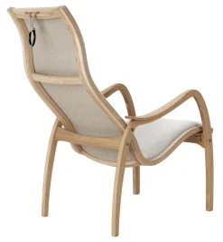 MUSSE Fåtölj fast inkl pall tyg Nordico 16 beige/oljad ek *NY*