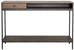 REGGIANO Konsollbord, brunlackad ekfanér, svarta metallben, låda & hylla