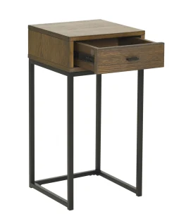 REGGIANO Sängbord H60, brunlackad ek, svarta metallben, låda, lackad ekfaner