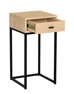 REGGIANO Sängbord H60, vitpigmenterad ek, svarta metallben, låda, lackad ekfaner, wl100