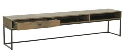 REGGIANO TV-bänk 180cm, brunlackad ek, svarta metallben, låda och hylla, lackad ekfaner, max 40 kg