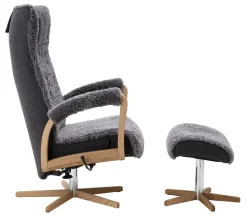 RELAX Snurrfåtölj inkl pall fårskinn Scand.Grey/Facet 4 mörkgrå/Grand svart/oljad ek/krom PAKETPRIS *NY*