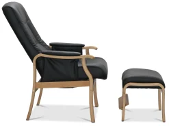 STINA fåtölj med pall manuell, svart läder/konstläder, armstöd ek