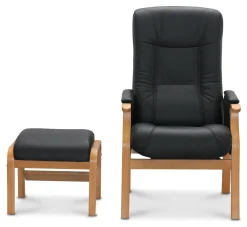 STINA fåtölj med pall manuell, svart läder/konstläder, armstöd ek